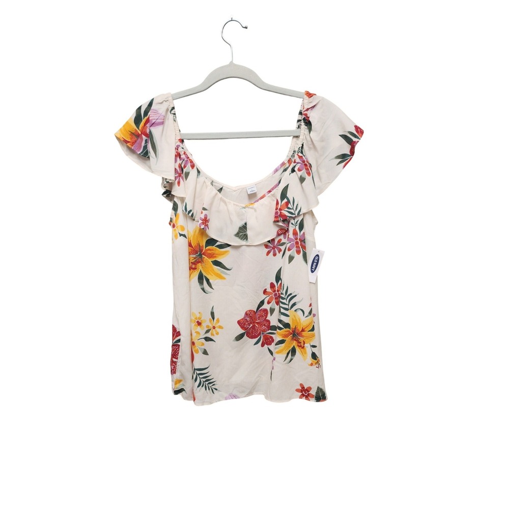 Old Navy Womens Floral Ruffle Neck Blouse Cream Tropical Flutter Sleeve Top L